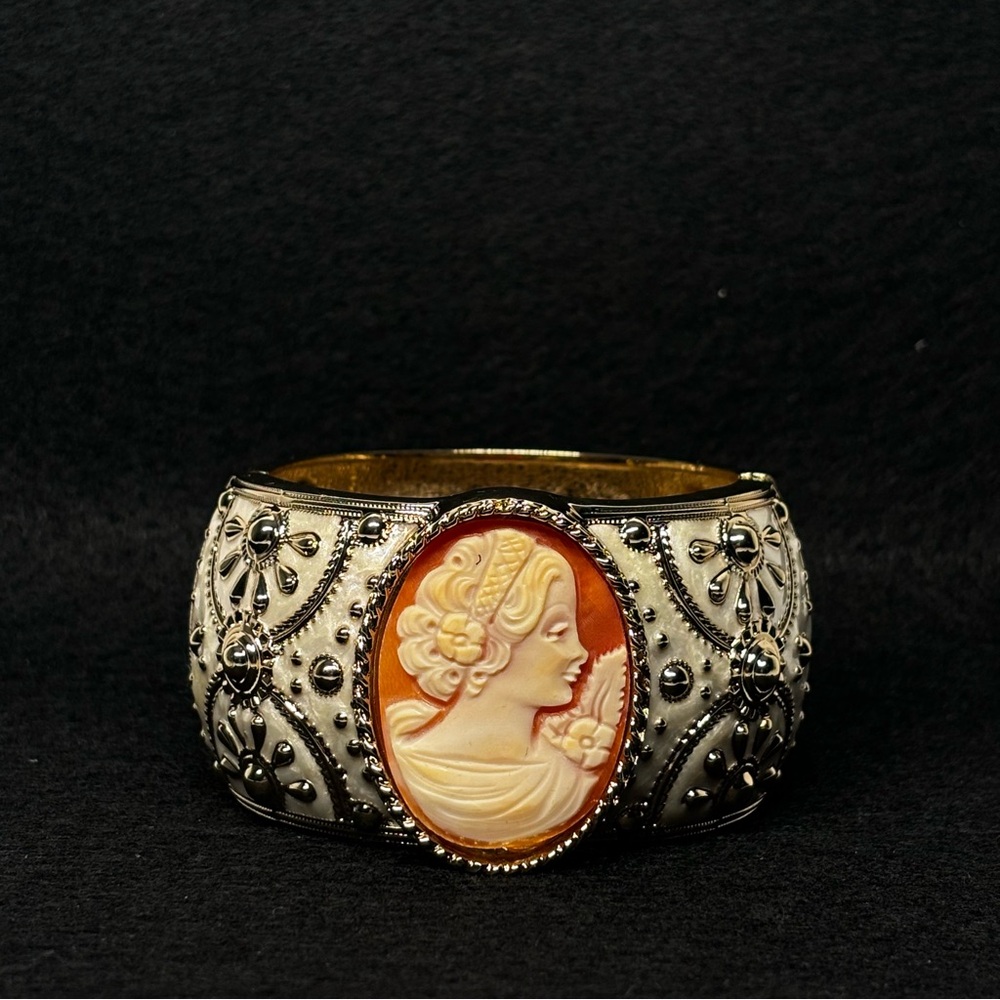 AMEDEO NYC HSN 14K GOLD PLATED CAMEO ENAMEL CUFF BANGLE BRACELET